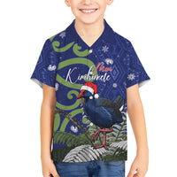 Personalized New Zealand Pukeko Christmas Family Matching Short Sleeve Bodycon Dress and Hawaiian Shirt Meri Kirihimete Taniko Ponga Koru Blue LT14 Son's Shirt Blue - Polynesian Pride