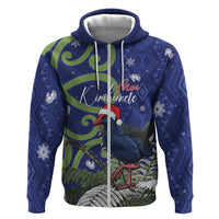 Personalized New Zealand Pukeko Christmas Hoodie Meri Kirihimete Taniko Ponga Koru Blue LT14 Zip Hoodie Blue - Polynesian Pride