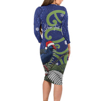 Personalized New Zealand Pukeko Christmas Long Sleeve Bodycon Dress Meri Kirihimete Taniko Ponga Koru Blue - Polynesian Pride