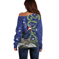 Personalized New Zealand Pukeko Christmas Off Shoulder Sweater Meri Kirihimete Taniko Ponga Koru Blue - Polynesian Pride