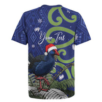 Personalized New Zealand Pukeko Christmas Rugby Jersey Meri Kirihimete Taniko Ponga Koru Blue - Polynesian Pride