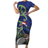 Personalized New Zealand Pukeko Christmas Short Sleeve Bodycon Dress Meri Kirihimete Taniko Ponga Koru Blue - Polynesian Pride