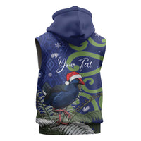 Personalized New Zealand Pukeko Christmas Sleeveless Zip Hoodie Meri Kirihimete Taniko Ponga Koru Blue - Polynesian Pride