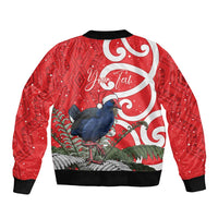 Personalized New Zealand Pukeko Christmas Bomber Jacket Meri Kirihimete Taniko Ponga Koru Red - Polynesian Pride