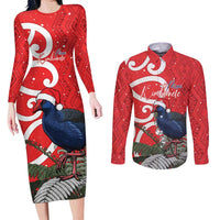 Personalized New Zealand Pukeko Christmas Couples Matching Long Sleeve Bodycon Dress and Long Sleeve Button Shirt Meri Kirihimete Taniko Ponga Koru Red - Polynesian Pride