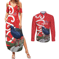 Personalized New Zealand Pukeko Christmas Couples Matching Summer Maxi Dress and Long Sleeve Button Shirt Meri Kirihimete Taniko Ponga Koru Red - Polynesian Pride