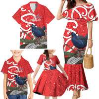 Personalized New Zealand Pukeko Christmas Family Matching Mermaid Dress and Hawaiian Shirt Meri Kirihimete Taniko Ponga Koru Red - Polynesian Pride