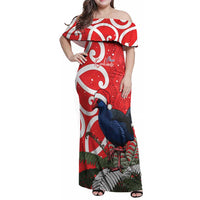 Personalized New Zealand Pukeko Christmas Family Matching Off Shoulder Maxi Dress and Hawaiian Shirt Meri Kirihimete Taniko Ponga Koru Red - Polynesian Pride