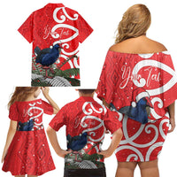 Personalized New Zealand Pukeko Christmas Family Matching Off Shoulder Short Dress and Hawaiian Shirt Meri Kirihimete Taniko Ponga Koru Red - Polynesian Pride