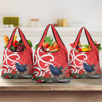 Personalized New Zealand Pukeko Christmas Grocery Bag Meri Kirihimete Taniko Ponga Koru Red - Polynesian Pride