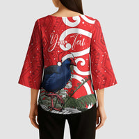 Personalized New Zealand Pukeko Christmas Kimono Sleeve Blouse Meri Kirihimete Taniko Ponga Koru Red - Polynesian Pride