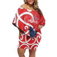Personalized New Zealand Pukeko Christmas Off Shoulder Short Dress Meri Kirihimete Taniko Ponga Koru Red - Polynesian Pride
