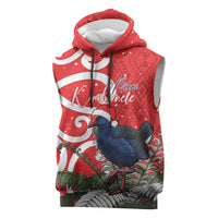 Personalized New Zealand Pukeko Christmas Sleeveless Hoodie Meri Kirihimete Taniko Ponga Koru Red - Polynesian Pride