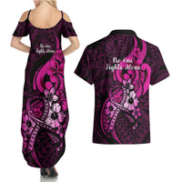 Polynesia Breast Cancer Awareness Couples Matching Summer Maxi Dress and Hawaiian Shirt Think Pink Polynesian Ribbon Black Version LT14 - Polynesian Pride