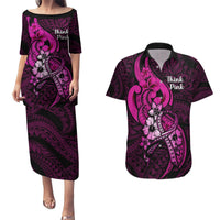 Personalised Polynesia Breast Cancer Awareness Couples Matching Puletasi Dress and Hawaiian Shirt Think Pink Polynesian Ribbon Black Version LT14 Pink - Polynesian Pride
