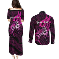 Personalised Polynesia Breast Cancer Awareness Couples Matching Puletasi Dress and Long Sleeve Button Shirts Think Pink Polynesian Ribbon Black Version LT14 - Polynesian Pride