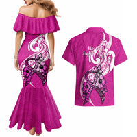 Polynesia Breast Cancer Awareness Couples Matching Mermaid Dress and Hawaiian Shirt Think Pink Polynesian Ribbon White Version LT14 - Polynesian Pride
