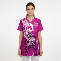 Personalised Polynesia Breast Cancer Awareness Scrub Top Think Pink Polynesian Ribbon White Version - Polynesian Pride
