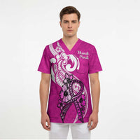 Personalised Polynesia Breast Cancer Awareness Scrub Top Think Pink Polynesian Ribbon White Version - Polynesian Pride