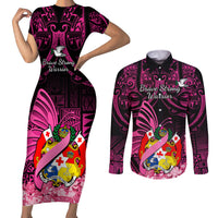presonalised-tonga-breast-cancer-awareness-couples-matching-short-sleeve-bodycon-dress-and-long-sleeve-button-shirts-pink-ribbon-brave-strong-warrior-tongan-ngatu-pattern