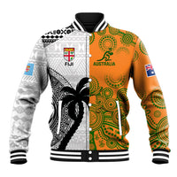 Fiji And Australia Rugby Baseball Jacket 2023 World Cup Aboriginal Mix Tapa Pattern LT14 Unisex Gold - Polynesian Pride