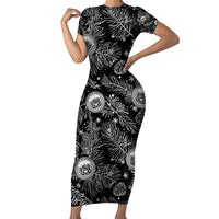 Hawaii Christmas Short Sleeve Bodycon Dress Tropical Style With Coat Of Arms LT14 Long Dress Black - Polynesian Pride