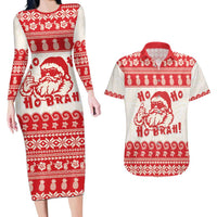 Red Mele Kalikimaka Hawaii Couples Matching Long Sleeve Bodycon Dress and Hawaiian Shirt Funny Ho Ho Ho Santa Shaka - Polynesian Pride