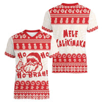 Red Mele Kalikimaka Hawaii Women V-Neck T-Shirt Funny Ho Ho Ho Santa Shaka - Polynesian Pride