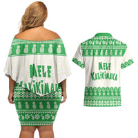 Green Mele Kalikimaka Hawaii Couples Matching Off Shoulder Short Dress and Hawaiian Shirt Funny Ho Ho Ho Santa Shaka - Polynesian Pride