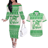 Green Mele Kalikimaka Hawaii Couples Matching Off The Shoulder Long Sleeve Dress and Hawaiian Shirt Funny Ho Ho Ho Santa Shaka - Polynesian Pride