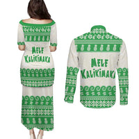 Green Mele Kalikimaka Hawaii Couples Matching Puletasi and Long Sleeve Button Shirt Funny Ho Ho Ho Santa Shaka LT14 - Polynesian Pride