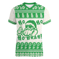 Green Mele Kalikimaka Hawaii Women V-Neck T-Shirt Funny Ho Ho Ho Santa Shaka - Polynesian Pride