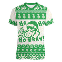 Green Mele Kalikimaka Hawaii Women V-Neck T-Shirt Funny Ho Ho Ho Santa Shaka - Polynesian Pride