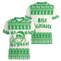 Green Mele Kalikimaka Hawaii Women V-Neck T-Shirt Funny Ho Ho Ho Santa Shaka - Polynesian Pride