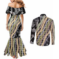 Black Palaka Hawaii Leis Couples Matching Mermaid Dress and Long Sleeve Button Shirt Hawaiian-plaid Elegant Tropical Vibes - Polynesian Pride