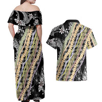 Black Palaka Hawaii Leis Couples Matching Off Shoulder Maxi Dress and Hawaiian Shirt Hawaiian-plaid Elegant Tropical Vibes LT14 - Polynesian Pride