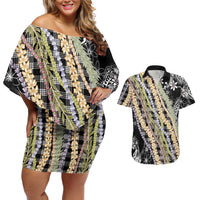 Black Palaka Hawaii Leis Couples Matching Off Shoulder Short Dress and Hawaiian Shirt Hawaiian-plaid Elegant Tropical Vibes LT14 Black - Polynesian Pride