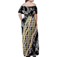 Black Palaka Hawaii Leis Family Matching Off Shoulder Maxi Dress and Hawaiian Shirt Hawaiian-plaid Elegant Tropical Vibes - Polynesian Pride