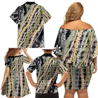 Black Palaka Hawaii Leis Family Matching Off Shoulder Short Dress and Hawaiian Shirt Hawaiian-plaid Elegant Tropical Vibes - Polynesian Pride