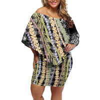 Black Palaka Hawaii Leis Family Matching Off Shoulder Short Dress and Hawaiian Shirt Hawaiian-plaid Elegant Tropical Vibes LT14 Mom's Dress Black - Polynesian Pride