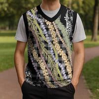 Black Palaka Hawaii Leis Christmas Knitted V-Neck Vest Hawaiian-plaid Elegant Tropical Vibes - Polynesian Pride