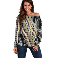 Black Palaka Hawaii Leis Off Shoulder Sweater Hawaiian-plaid Elegant Tropical Vibes - Polynesian Pride