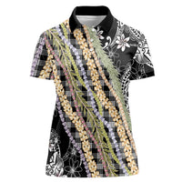 Black Palaka Hawaii Leis Women Polo Shirt Hawaiian-plaid Elegant Tropical Vibes LT14 Female Black - Polynesian Pride