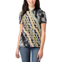 Black Palaka Hawaii Leis Women Polo Shirt Hawaiian-plaid Elegant Tropical Vibes LT14 - Polynesian Pride
