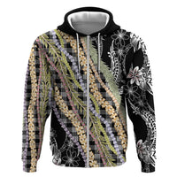 Black Palaka Hawaii Leis Zip Hoodie Hawaiian-plaid Elegant Tropical Vibes - Polynesian Pride