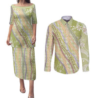 Green Palaka Hawaii Leis Couples Matching Puletasi and Long Sleeve Button Shirt Hawaiian-plaid Elegant Tropical Vibes - Polynesian Pride