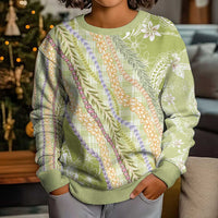 Green Palaka Hawaii Leis Kid Ugly Christmas Sweater Hawaiian-plaid Elegant Tropical Vibes - Polynesian Pride