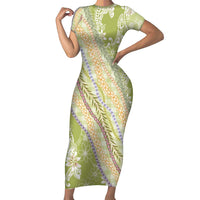 Green Palaka Hawaii Leis Short Sleeve Bodycon Dress Hawaiian-plaid Elegant Tropical Vibes LT14 Long Dress Green - Polynesian Pride