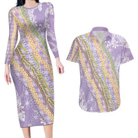 Purple Palaka Hawaii Leis Couples Matching Long Sleeve Bodycon Dress and Hawaiian Shirt Hawaiian-plaid Elegant Tropical Vibes - Polynesian Pride