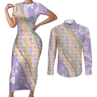 Purple Palaka Hawaii Leis Couples Matching Short Sleeve Bodycon Dress and Long Sleeve Button Shirt Hawaiian-plaid Elegant Tropical Vibes LT14 Purple - Polynesian Pride